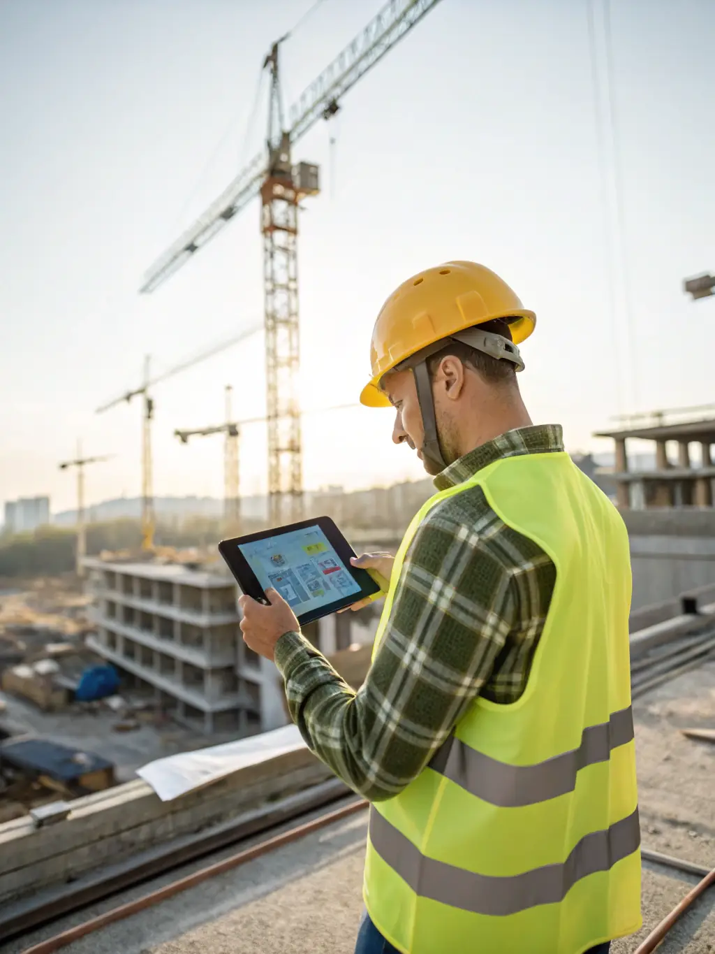 A construction worker reviewing plans on a commercial construction site, highlighting Emory Builders' commitment to quality and safety.