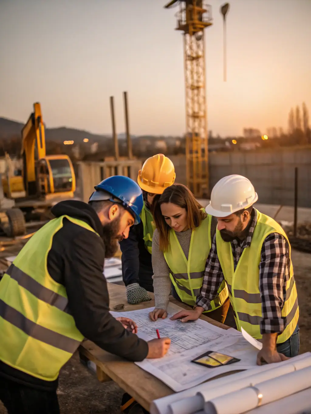 A team of architects and engineers collaborating on a construction plan, emphasizing Emory Builders' comprehensive design and planning services.
